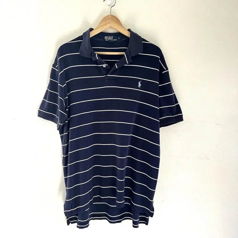 Polo Ralph Lauren Polo Shirt Navy Blue Stripes Men's Size Large 100% Cotton‎